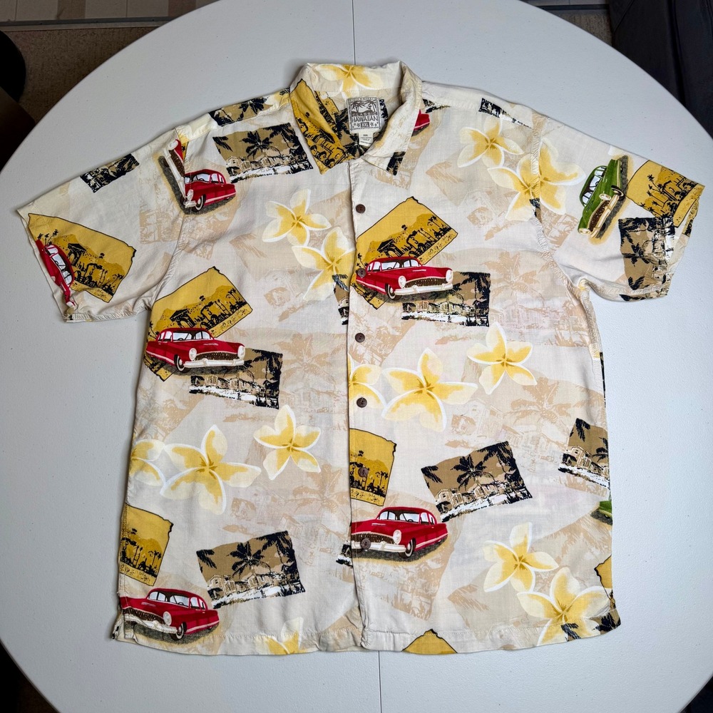 Steve & Barrys Mens XXL Classic Hawaiian Shirt Rayon Vintage Car Tropical Tan